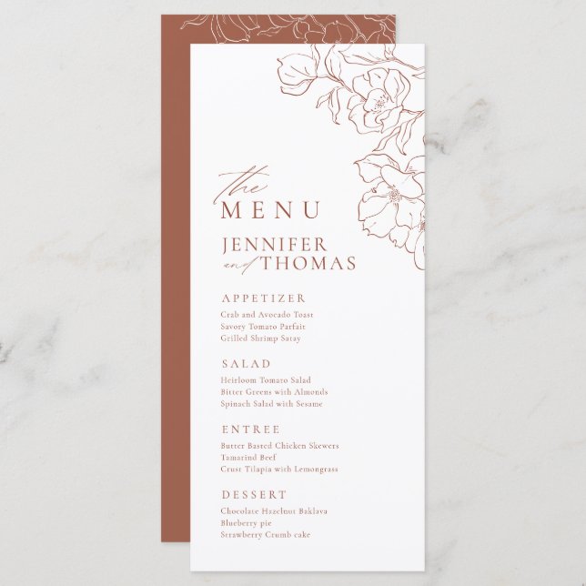 Elegant hand drawn floral terracotta wedding menu (Front/Back)