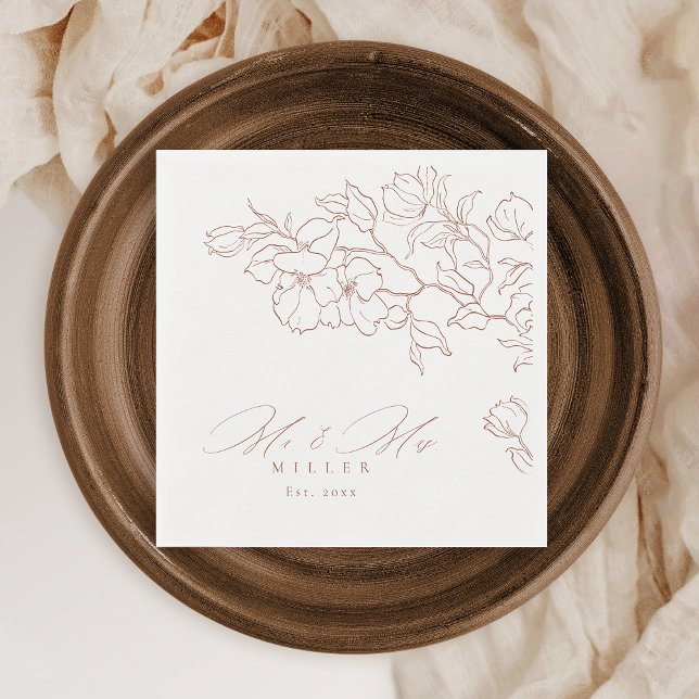 Elegant hand drawn floral terracotta wedding napkin (Elegant hand drawn floral terracotta wedding napkins)