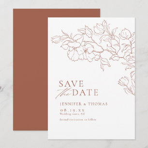 Elegant hand drawn floral terracotta wedding save the date