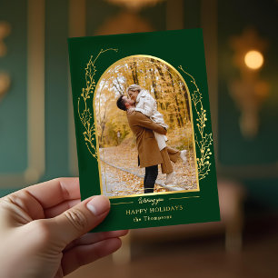 Elegant Hand Drawn Gold Holly Arch Photo Foil Holiday Card