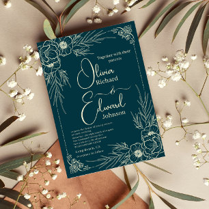 Elegant Hand-Drawn golden Flowers. Wedding Invitation