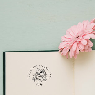 Elegant Hand-drawn Library Books Custom Initials Rubber Stamp