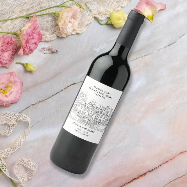 Elegant Hand Drawn Mansion Wedding Thank You Wine Label (classic hand drawn wedding venue invitation, swan house usa)
