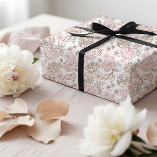 Elegant Hand-Drawn Peony & Leaf Floral Pattern Wrapping Paper