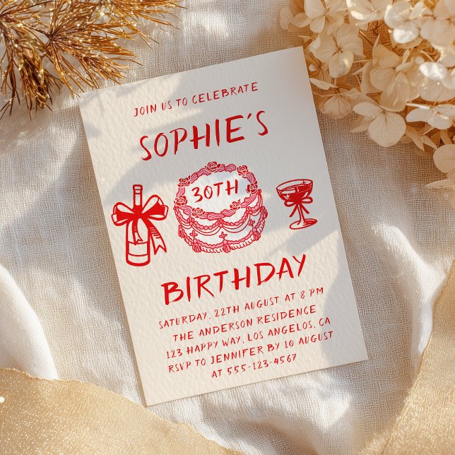 Elegant Hand Drawn Red Cake 30th Birthday Invitation (Creator Uploaded)