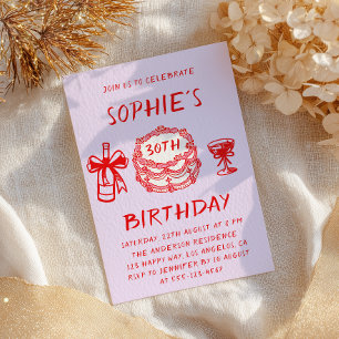 Elegant Hand Drawn Red Cake 30th Birthday Invitation