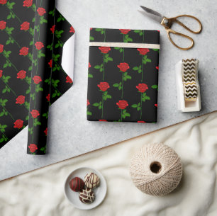 Elegant Hand-Drawn Rose Wrapping Paper on Black 