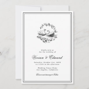 Elegant Hand Drawn Swan Vintage Botanical Wedding Invitation