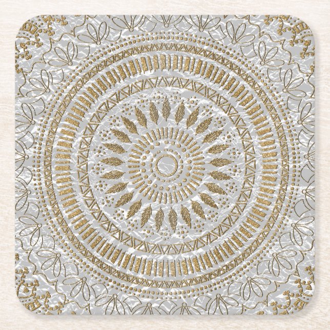 Elegant hand drawn tribal mandala design square paper coaster (Front)