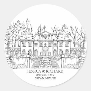 Elegant Hand Drawn Venue Chateau Illustration  Classic Round Sticker