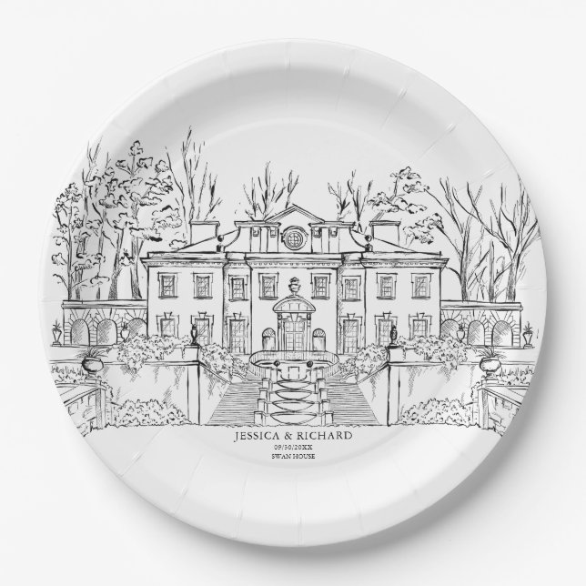 Elegant Hand Drawn Venue Chateau Illustration  Paper Plate (Front)