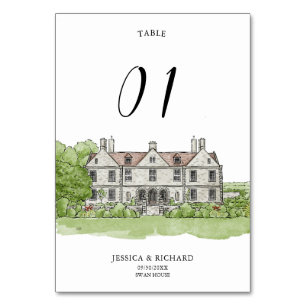 Elegant Hand Drawn Venue Mansion Illustration  Table Number