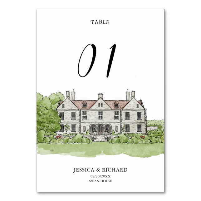 Elegant Hand Drawn Venue Mansion Illustration  Table Number (Front)