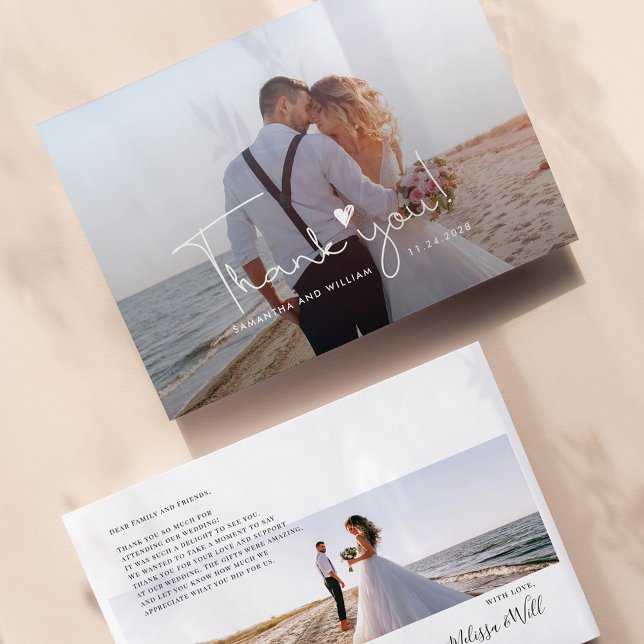 Elegant Hand-Lettered Wedding Photo Thank You Card (Wedding Day Photos Thank You Card Front and Back on Zazzle by Milestone Hub)