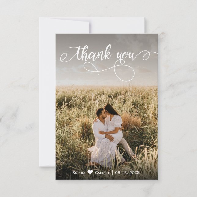 Elegant Hand Lettered Wedding Photo Thank You Card (Front)