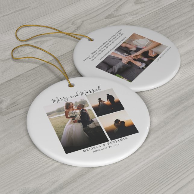 Elegant Hand-Lettered Wedding Photo Thank You Ceramic Ornament (Merry and Married Wedding Photos Christmas Ceramic Circle Ornament)