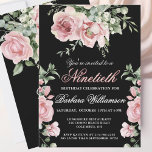 Elegant Hand-painted Roses 90th Birthday Party  Invitation<br><div class="desc">Start this special 90th birthday celebration in a elegant style with this beautifully hand painted invitation with colourful yet gentle flowers -- leading with blush pink roses and eucalyptus greenery, yet adding interesting other touches of colour striking against an all black background.. All of the text can be personalized for...</div>