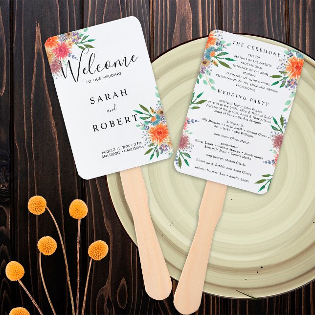 Elegant Hand Painted Watercolor Wedding Program Hand Fan (Front / Back)