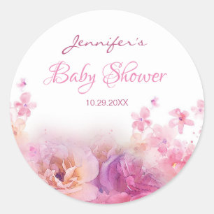 Elegant Hand Script Watercolor Flowers Baby Shower Classic Round Sticker