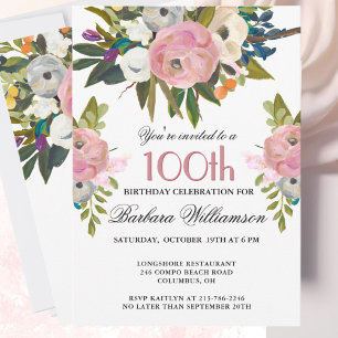 Elegant Handpainted Floral 100th Birthday Party Invitation