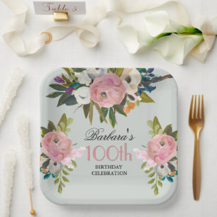 Elegant Handpainted Floral 100th Birthday Party Paper Plate