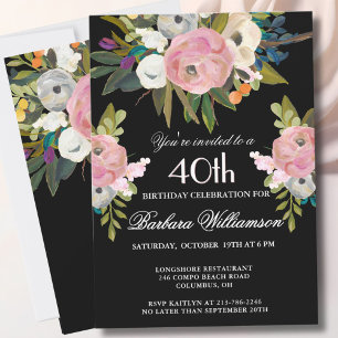 *Elegant Handpainted Floral 40th Birthday Party  Invitation