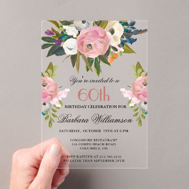 Elegant Handpainted Floral 60th Birthday Party  Acrylic Invitations (Insitu (Handheld))