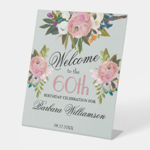 Elegant Handpainted Floral 60th Birthday Welcome Pedestal Sign