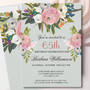 Elegant Handpainted Floral 65th Birthday Party  Invitation