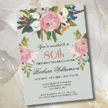 Elegant Handpainted Floral 80th Birthday Party  Invitation<br><div class="desc">Start this special 80th birthday celebration in a elegant style with this beautifully hand painted invitation with colourful yet gentle flowers -- leading with blush pink and greenery, yet adding interesting other touches of colour. All of the text can be personalized for your party including the guest of honour's age....</div>