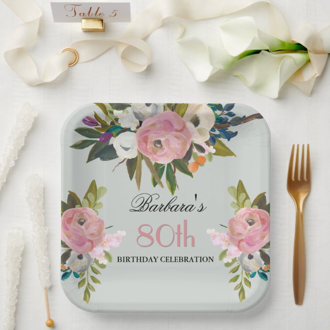 Elegant Handpainted Floral 80th Birthday Party  Paper Plate (Wedding)
