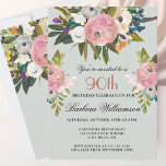 Elegant Handpainted Floral 90th Birthday Party  Invitation<br><div class="desc">Start this special 90th birthday celebration in a elegant style with this beautifully hand painted invitation with colourful yet gentle flowers -- leading with blush pink and greenery, yet adding interesting other touches of colour. All of the text can be personalized for your party including the guest of honour's age....</div>