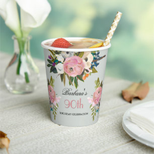 Elegant Handpainted Floral 90th Birthday Party  Paper Cups