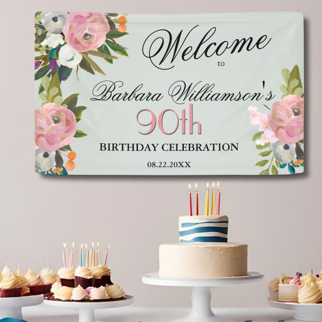 Elegant Handpainted Floral 90th Birthday Welcome  Banner (Creator Uploaded)