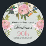Elegant Handpainted Floral 90th Birthday Welcome Classic Round Sticker<br><div class="desc">End this special 90th birthday celebration in a elegant style with this beautifully hand painted sticker with colourful yet gentle flowers -- leading with blush pink and greenery, yet adding interesting other touches of colour. The text can be personalized for your party including the guest of honour's age. If you...</div>