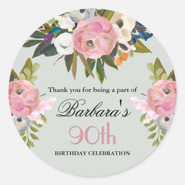 Elegant Handpainted Floral 90th Birthday Welcome Classic Round Sticker (Front)