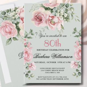 **Elegant Handpainted Roses 80th Birthday Party  Invitation