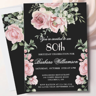 Elegant Handpainted Roses 80th Birthday Party  Invitation
