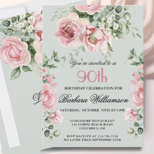 *Elegant Handpainted Roses 90th Birthday Party Invitation