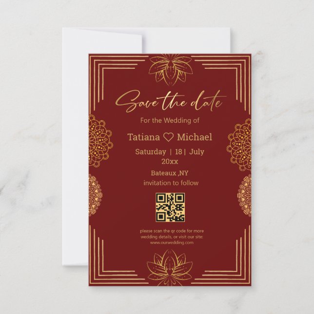 elegant handwriting indian red gold geometric  save the date (Front)