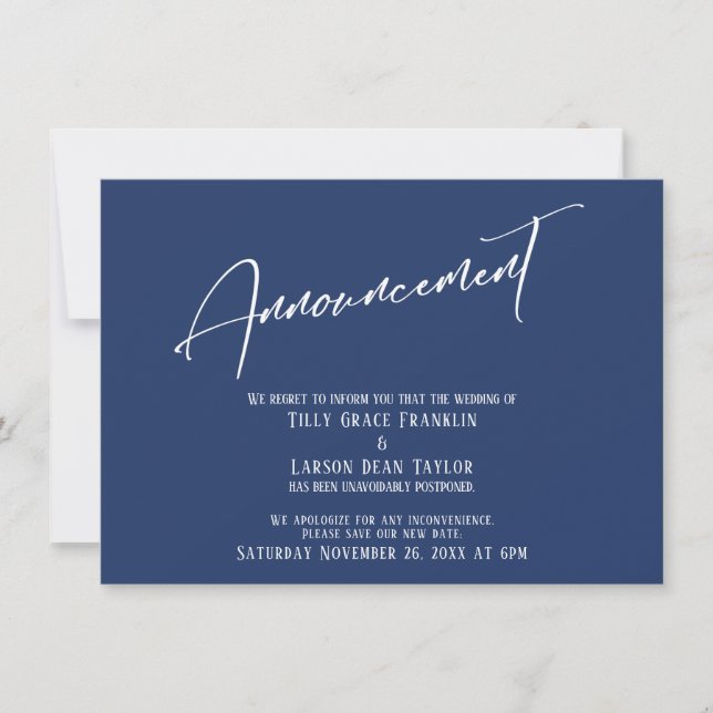 Elegant Handwriting Navy Postponement Announcement (Front)