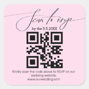 elegant handwriting rsvp qr code wedding  pink square sticker