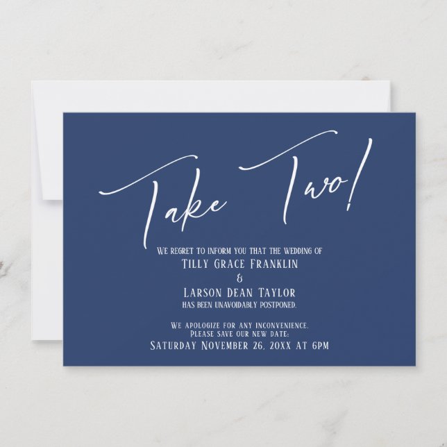 Elegant Handwriting Take Two Wedding Delay Navy Invitation (Front)