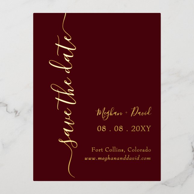 Elegant Handwritten Burgundy Save the Date    Foil Invitation Postcard (Front)