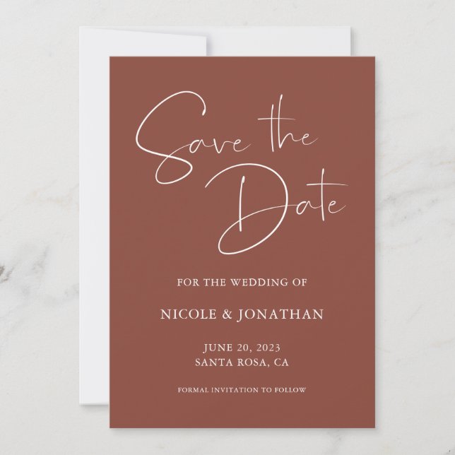 Elegant Handwritten Calligraphy Dark Terracotta Save The Date (Front)