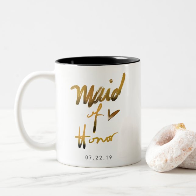 Elegant Handwritten Faux Gold | Maid of Honour Two-Tone Coffee Mug (With Donut)