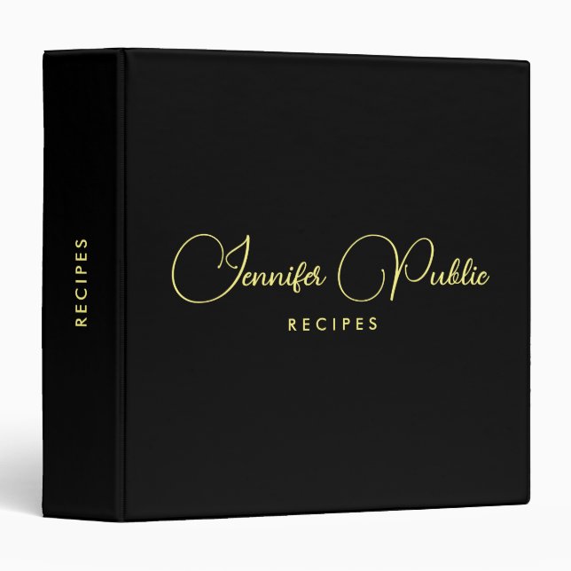 Elegant Handwritten Name Black Gold Recipe Book Binder (Front/Spine)