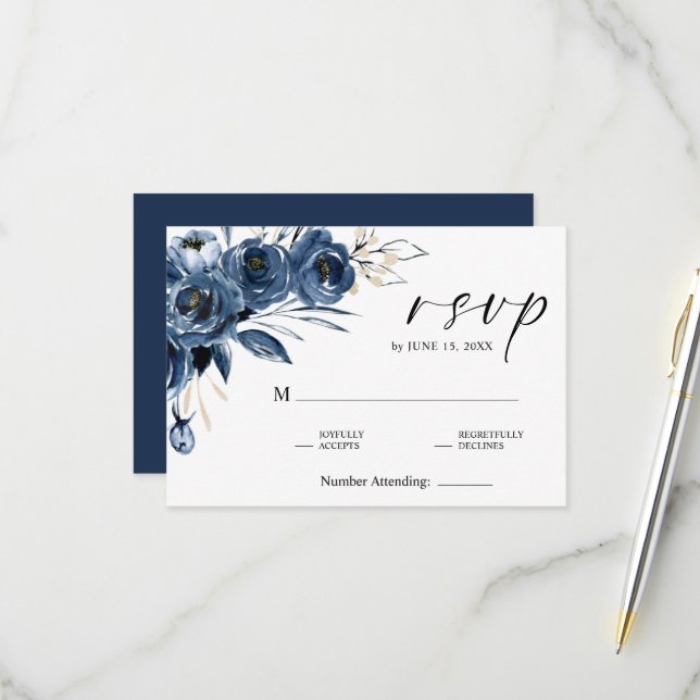 Elegant Handwritten Script Blue Floral Wedding RSVP Card (Front/Back In Situ)