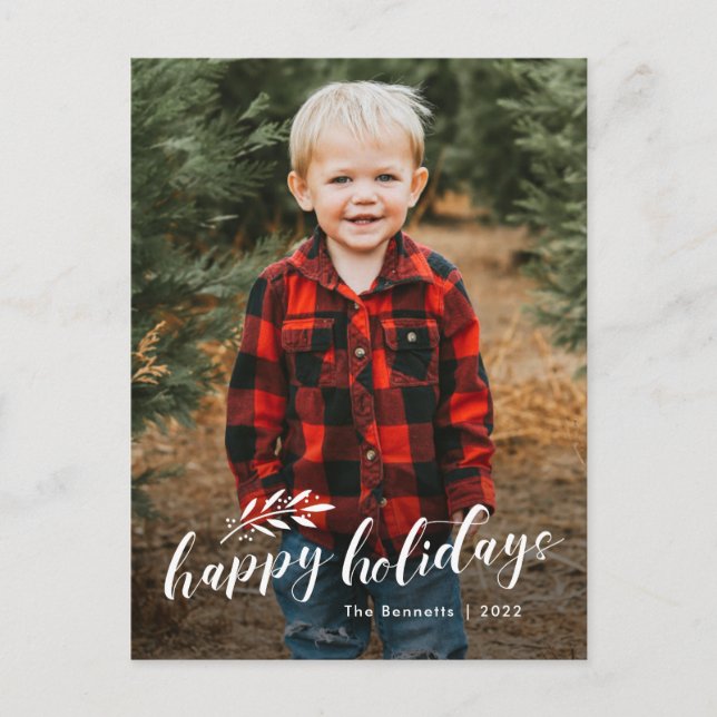 Elegant Handwritten Script Branch Photo Holiday Postcard (Front)