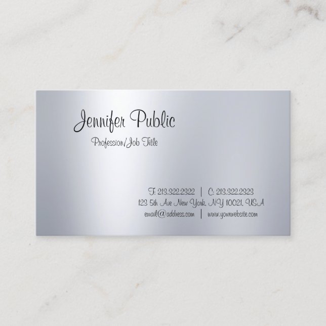 Elegant Handwritten Script Silver Look Minimalist Business Card (Front)